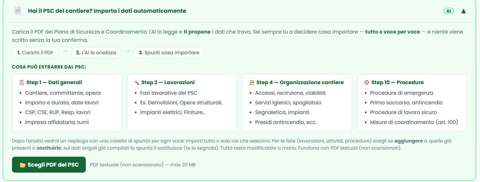 Import automatico dal PSC con AI: carichi il PDF del Piano di Sicurezza e Coordinamento e POS.so propone i dati da importare nel POS